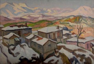 Kastraki, Snowy View — Oil painting, Canvas, 50.00×73.00cm — Theodoros Markellos